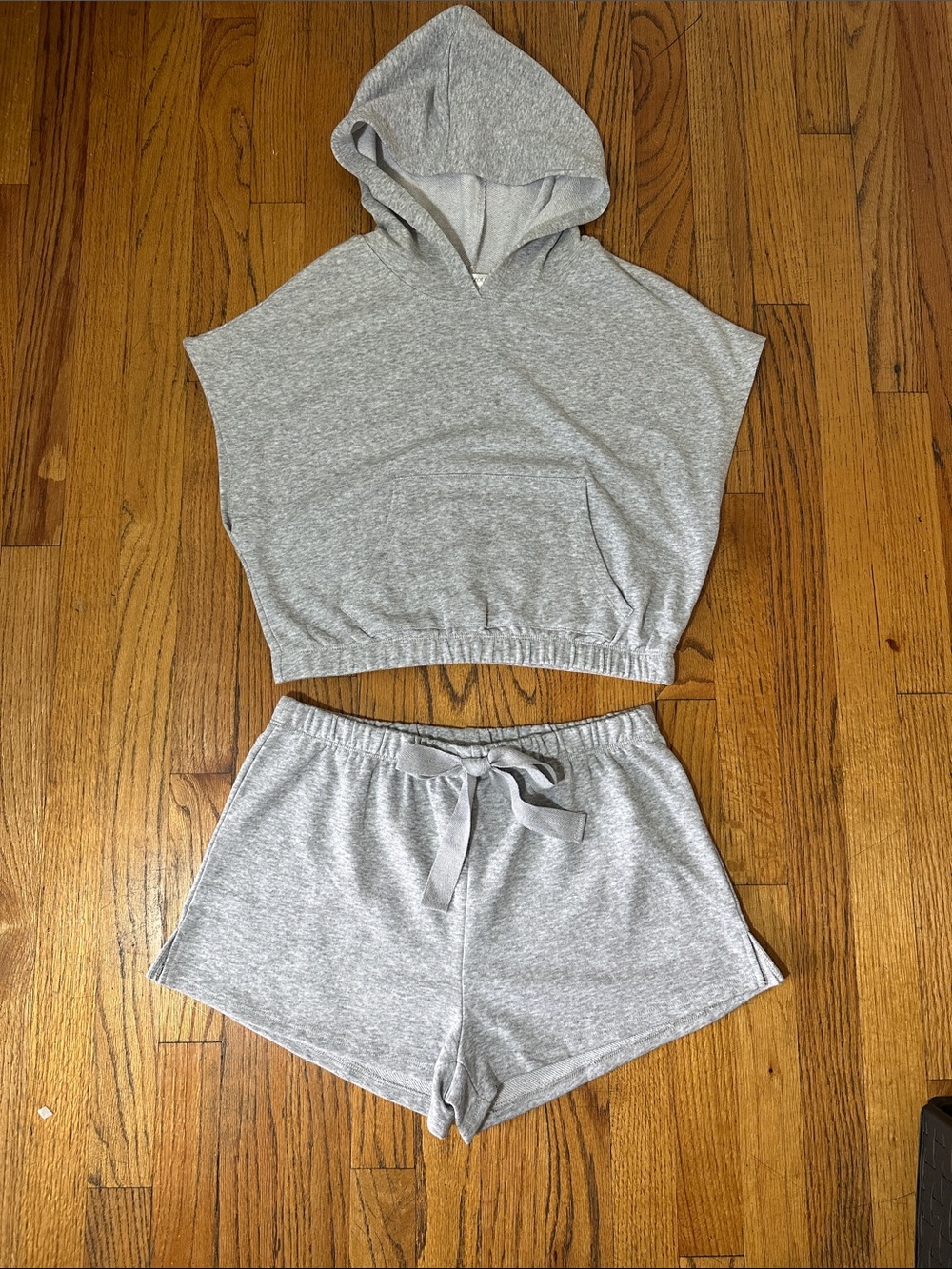 Bozzolo Heather Gray Hooded Crop Top & Drawstring Shorts Set